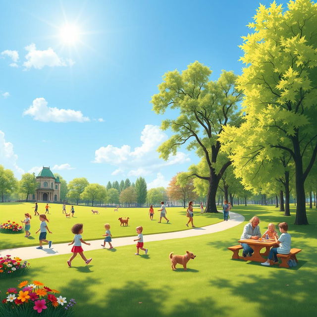 Create an image of a sunny day in a beautiful park with children playing, people walking their dogs, and families having a picnic