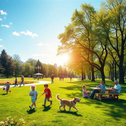 Create an image of a sunny day in a beautiful park with children playing, people walking their dogs, and families having a picnic