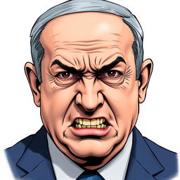 A detailed and realistic illustration of Benjamin Netanyahu looking very angry