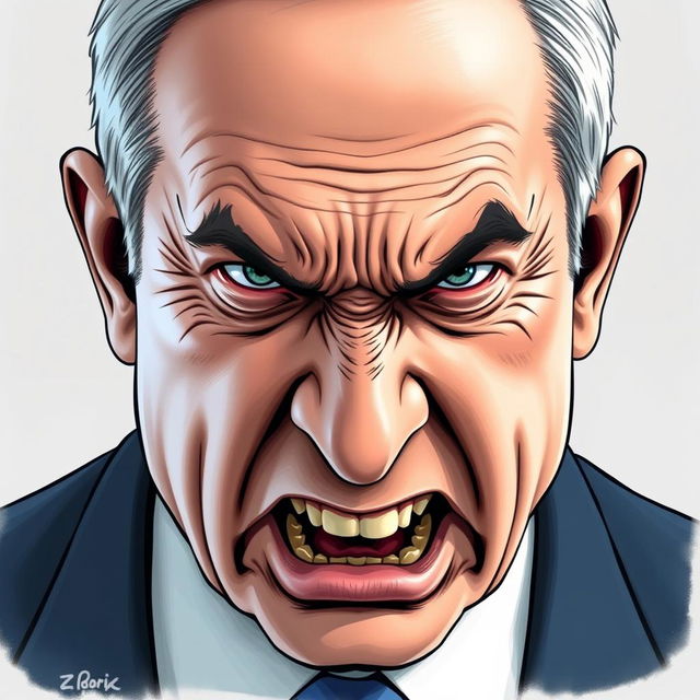 A detailed and realistic illustration of Benjamin Netanyahu looking very angry