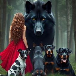 Create an image of a giant black wolf with green eyes standing fiercely next to a woman with long, curly, light brown hair wearing a red dress, seen from the back