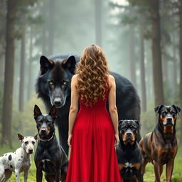 Create an image of a giant black wolf with green eyes standing fiercely next to a woman with long, curly, light brown hair wearing a red dress, seen from the back