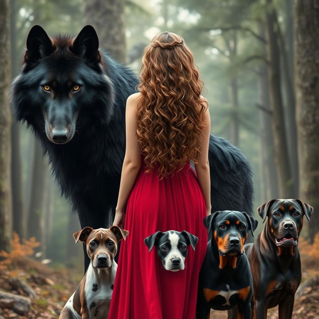 Create an image of a giant black wolf with green eyes standing fiercely next to a woman with long, curly, light brown hair wearing a red dress, seen from the back