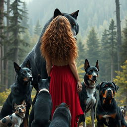 Create an image of a giant black wolf with green eyes standing fiercely next to a woman with long, curly, light brown hair wearing a red dress, seen from the back