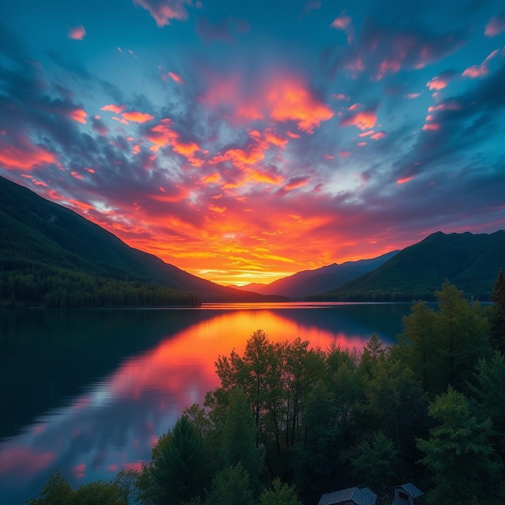 Create an image depicting a serene landscape with a beautiful sunset over a calm lake, surrounded by lush green trees and mountains in the background