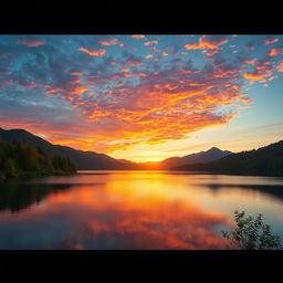 Create an image depicting a serene landscape with a beautiful sunset over a calm lake, surrounded by lush green trees and mountains in the background