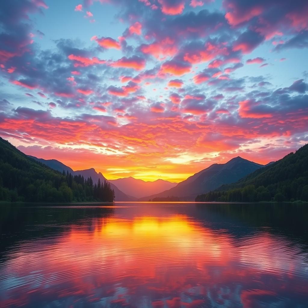 Create an image depicting a serene landscape with a beautiful sunset over a calm lake, surrounded by lush green trees and mountains in the background