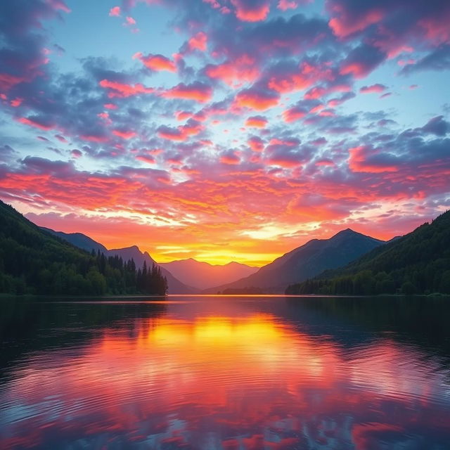 Create an image depicting a serene landscape with a beautiful sunset over a calm lake, surrounded by lush green trees and mountains in the background