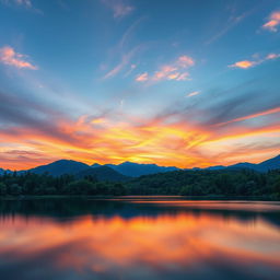 Create an image depicting a serene landscape with a beautiful sunset over a calm lake, surrounded by lush green trees and mountains in the background