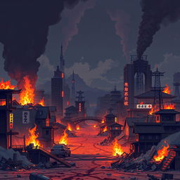 Create a pixel art wallpaper of a post-apocalyptic Japan in flames, designed in the style of a platformer or beat 'em up game