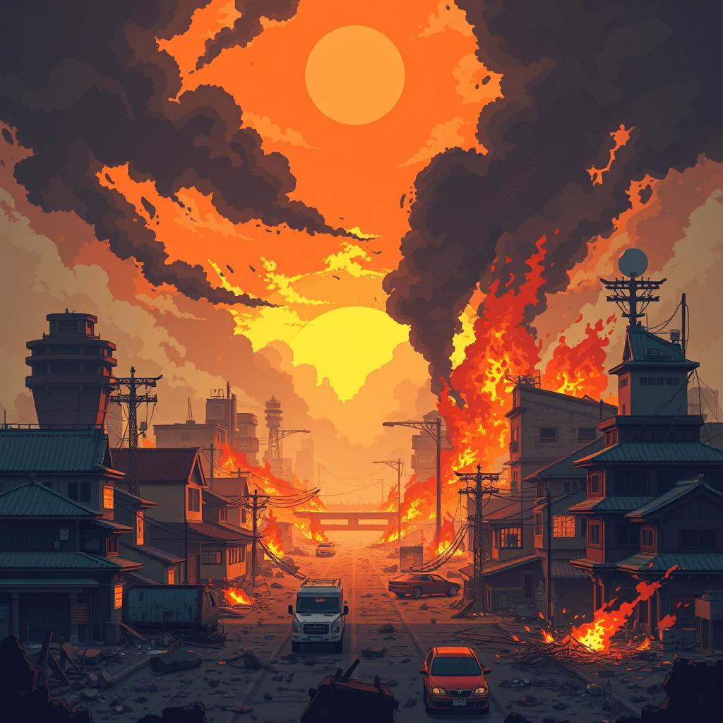 Create a pixel art wallpaper of a post-apocalyptic Japan in flames, designed in the style of a platformer or beat 'em up game