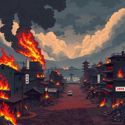 Create a pixel art wallpaper of a post-apocalyptic Japan in flames, designed in the style of a platformer or beat 'em up game