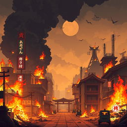 Create a pixel art wallpaper of a post-apocalyptic Japan in flames, designed in the style of a platformer or beat 'em up game