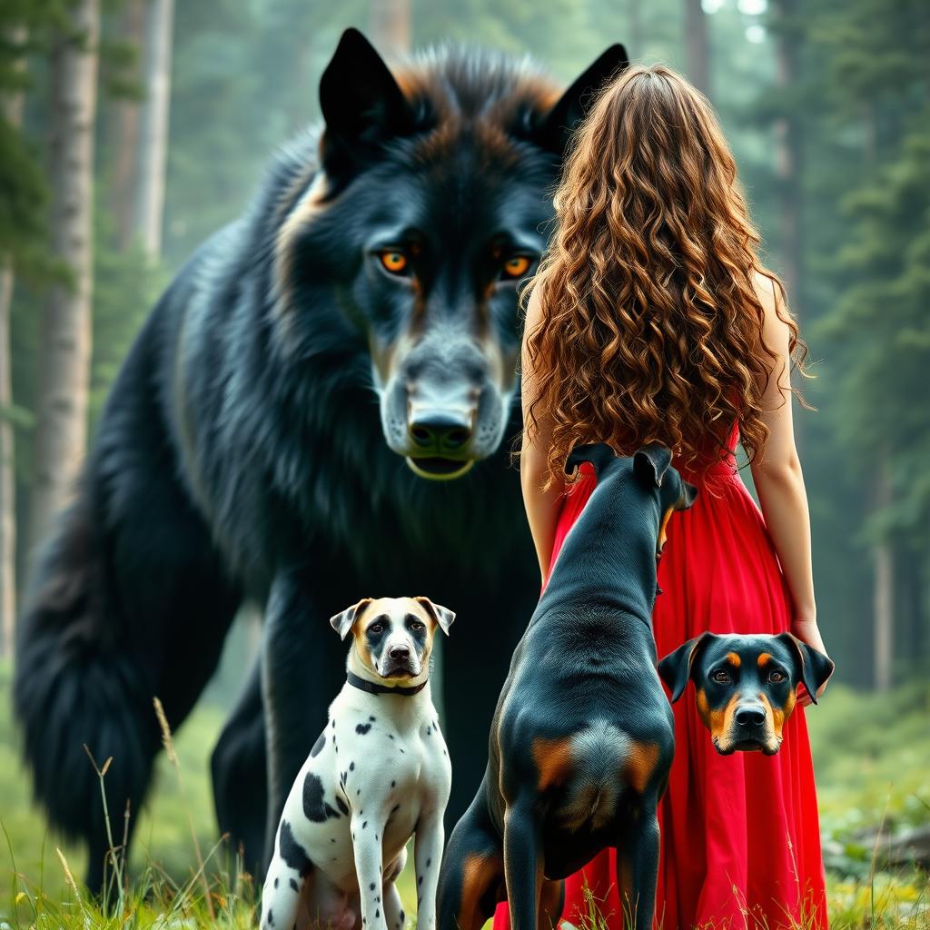 Create an image featuring a gigantic black wolf with fierce green eyes standing beside a woman with long, curly, light brown hair in a red dress