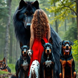 Create an image featuring a gigantic black wolf with fierce green eyes standing beside a woman with long, curly, light brown hair in a red dress