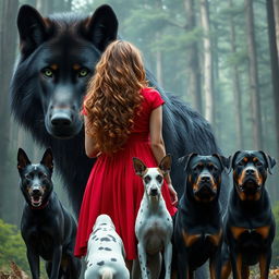 Create an image featuring a gigantic black wolf with fierce green eyes standing beside a woman with long, curly, light brown hair in a red dress