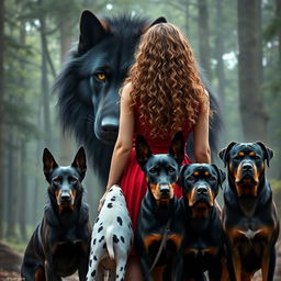 Create an image featuring a gigantic black wolf with fierce green eyes standing beside a woman with long, curly, light brown hair in a red dress