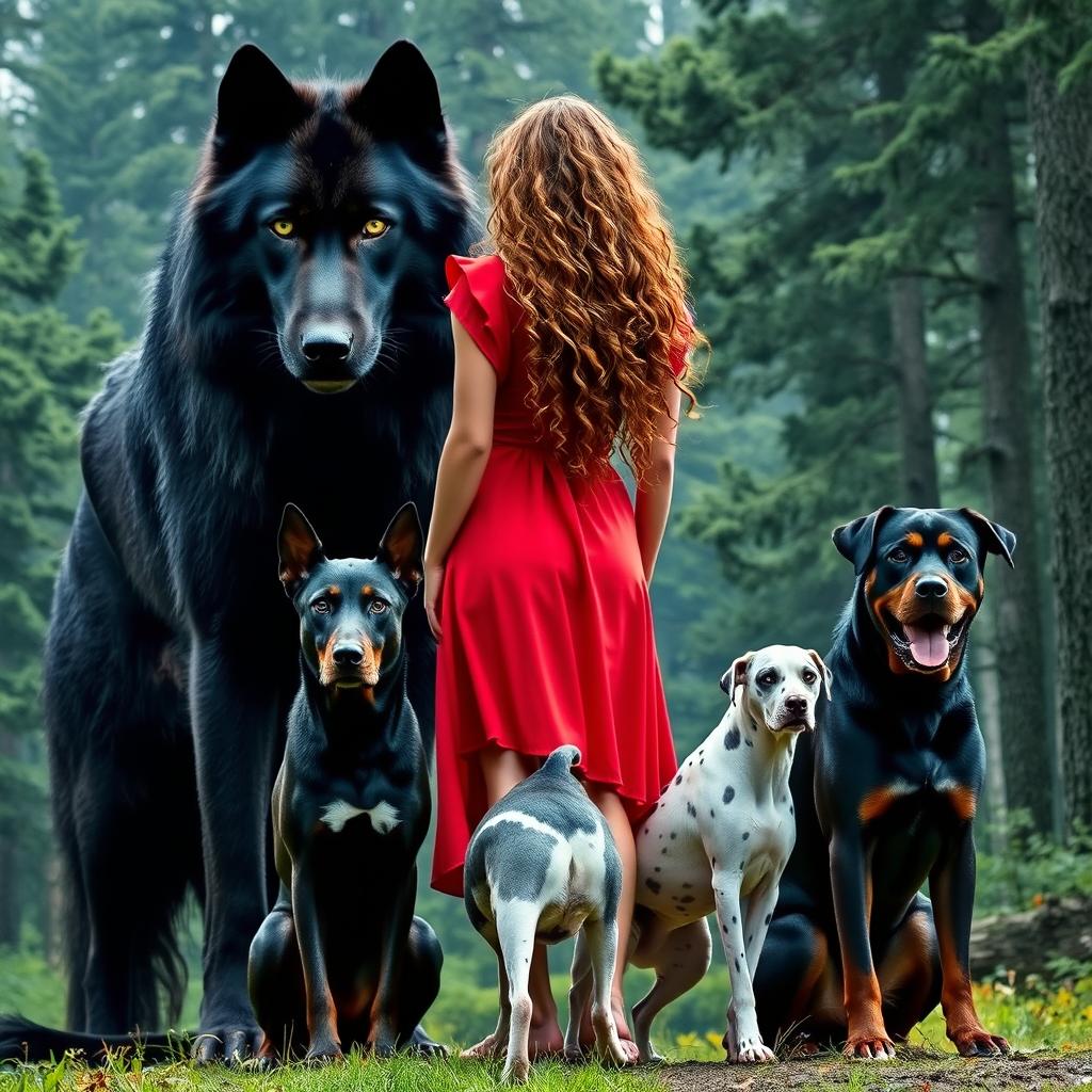 Create an image featuring a gigantic black wolf with fierce green eyes standing beside a woman with long, curly, light brown hair in a red dress