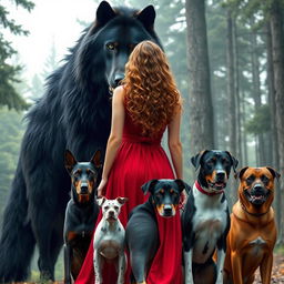 Create an image featuring a gigantic black wolf with fierce green eyes standing beside a woman with long, curly, light brown hair in a red dress