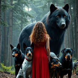 Create an image featuring a gigantic black wolf with fierce green eyes standing beside a woman with long, curly, light brown hair in a red dress