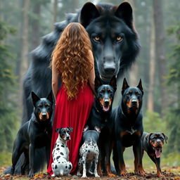 Create an image featuring a gigantic black wolf with fierce green eyes standing beside a woman with long, curly, light brown hair in a red dress