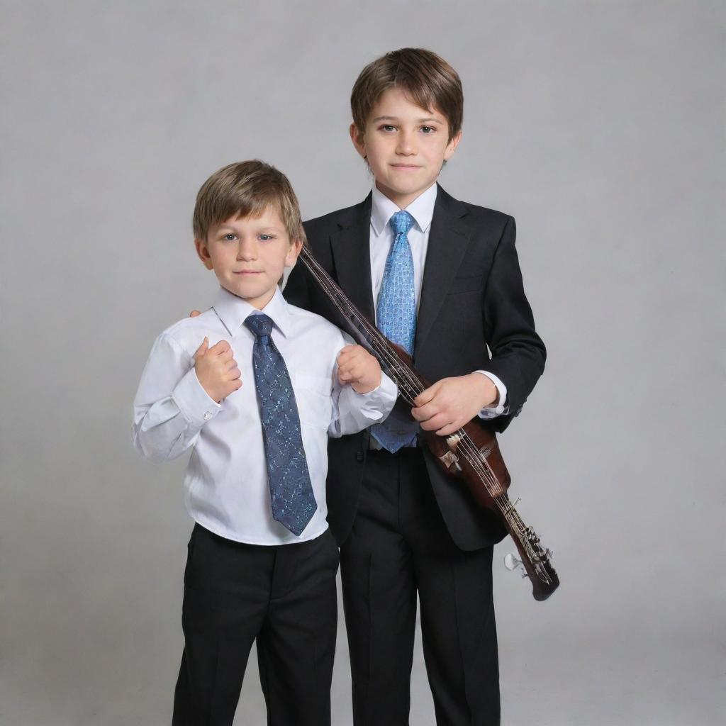 A child, dressed both in business attire symbolizing an accountant, and sports gear representing an MMA fighter, while also holding a bass guitar.