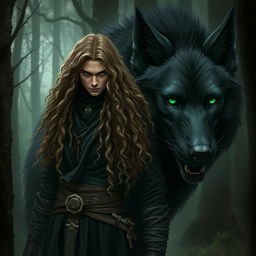 Create an image featuring a fierce assassin standing beside a gigantic black wolf with green eyes