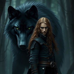 Create an image featuring a fierce assassin standing beside a gigantic black wolf with green eyes