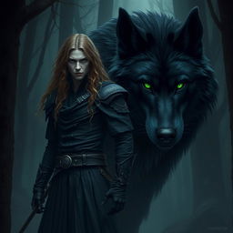 Create an image featuring a fierce assassin standing beside a gigantic black wolf with green eyes