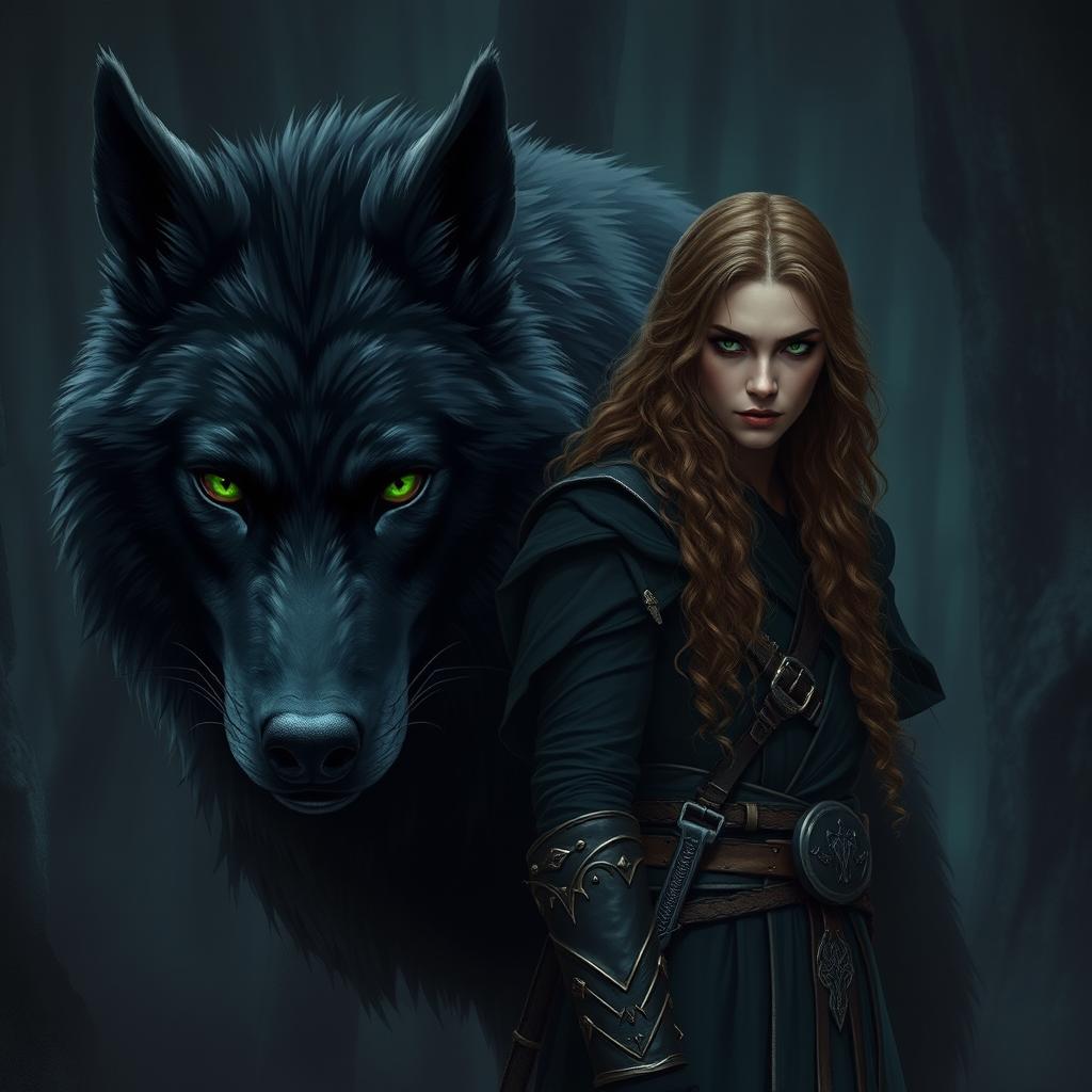 Create an image featuring a fierce assassin standing beside a gigantic black wolf with green eyes