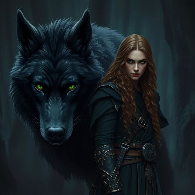 Create an image featuring a fierce assassin standing beside a gigantic black wolf with green eyes