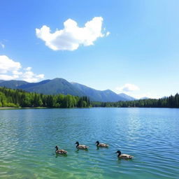 A serene landscape featuring a clear blue lake surrounded by lush green trees and mountains in the background