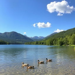 A serene landscape featuring a clear blue lake surrounded by lush green trees and mountains in the background