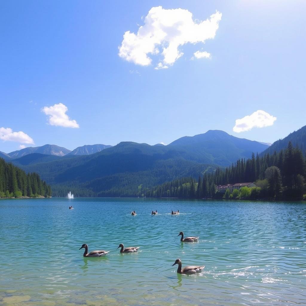 A serene landscape featuring a clear blue lake surrounded by lush green trees and mountains in the background