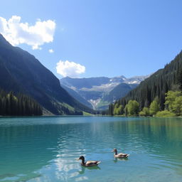 A serene landscape featuring a clear blue lake surrounded by lush green trees and mountains in the background