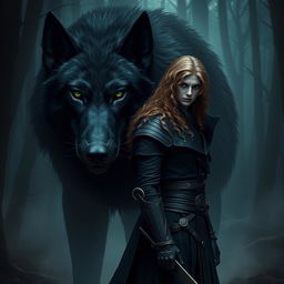 Create an image featuring a fierce assassin standing beside a gigantic black wolf with green eyes