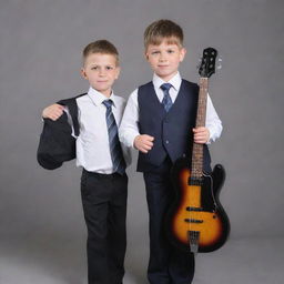 A child, dressed both in business attire symbolizing an accountant, and sports gear representing an MMA fighter, while also holding a bass guitar.