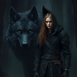 Create an image featuring a fierce assassin standing beside a gigantic black wolf with green eyes