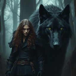 Create an image featuring a fierce assassin standing beside a gigantic black wolf with green eyes