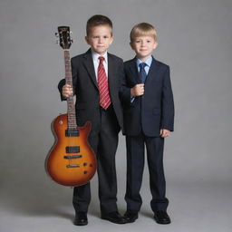 A child, dressed both in business attire symbolizing an accountant, and sports gear representing an MMA fighter, while also holding a bass guitar.