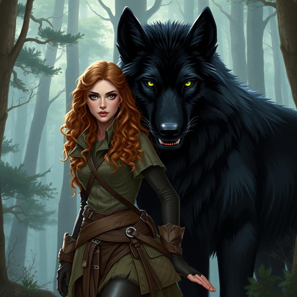 Create an image featuring a fierce huntress standing beside a gigantic black wolf with green eyes