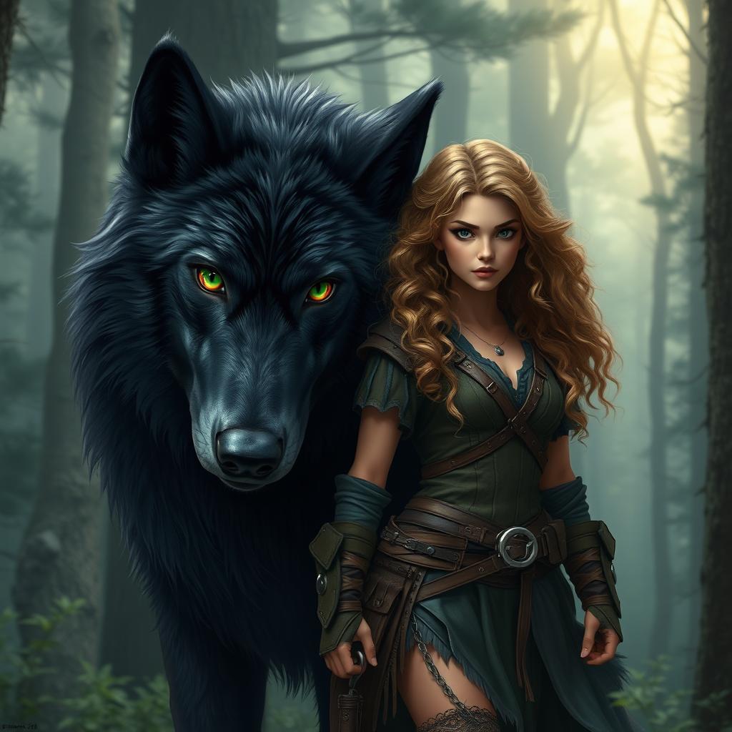 Create an image featuring a fierce huntress standing beside a gigantic black wolf with green eyes