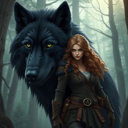 Create an image featuring a fierce huntress standing beside a gigantic black wolf with green eyes