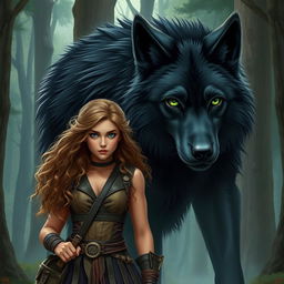 Create an image featuring a fierce huntress standing beside a gigantic black wolf with green eyes