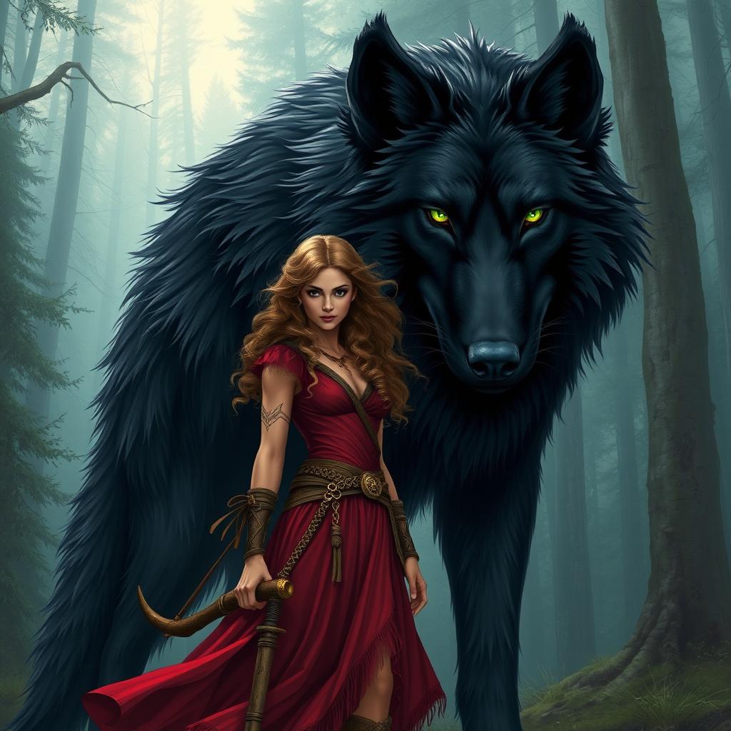 Create an image featuring a fierce huntress standing beside a gigantic black wolf with green eyes