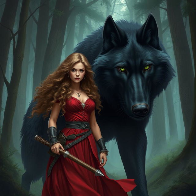 Create an image featuring a fierce huntress standing beside a gigantic black wolf with green eyes