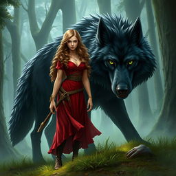 Create an image featuring a fierce huntress standing beside a gigantic black wolf with green eyes