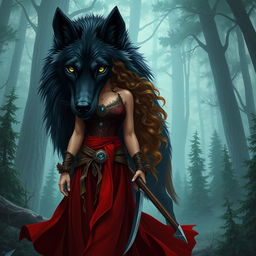 Create an image featuring a fierce huntress standing beside a gigantic black wolf with green eyes