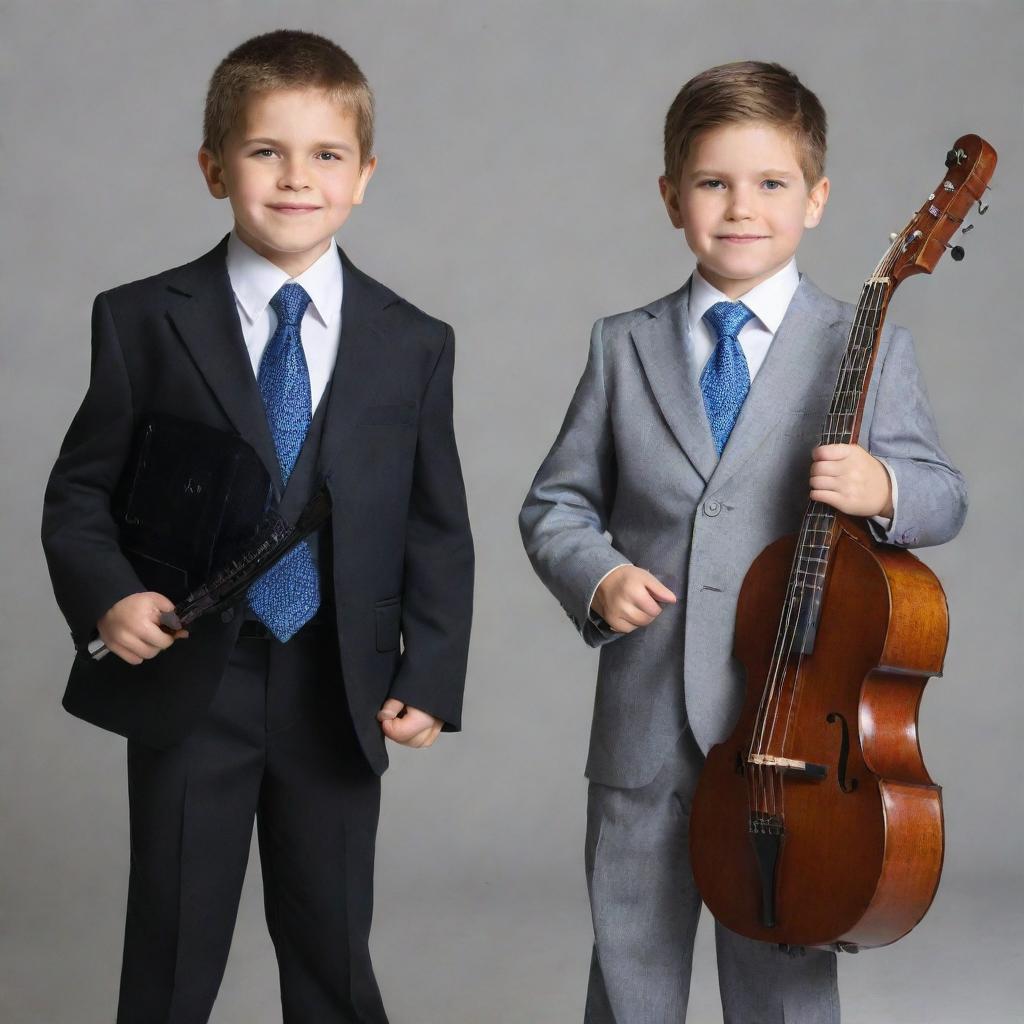 A child, dressed both in business attire symbolizing an accountant, and sports gear representing an MMA fighter, while also holding a bass guitar.