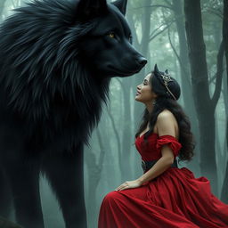 Create an image featuring a fierce huntress in a flowing red dress, gazing lovingly at a gigantic black wolf with green eyes